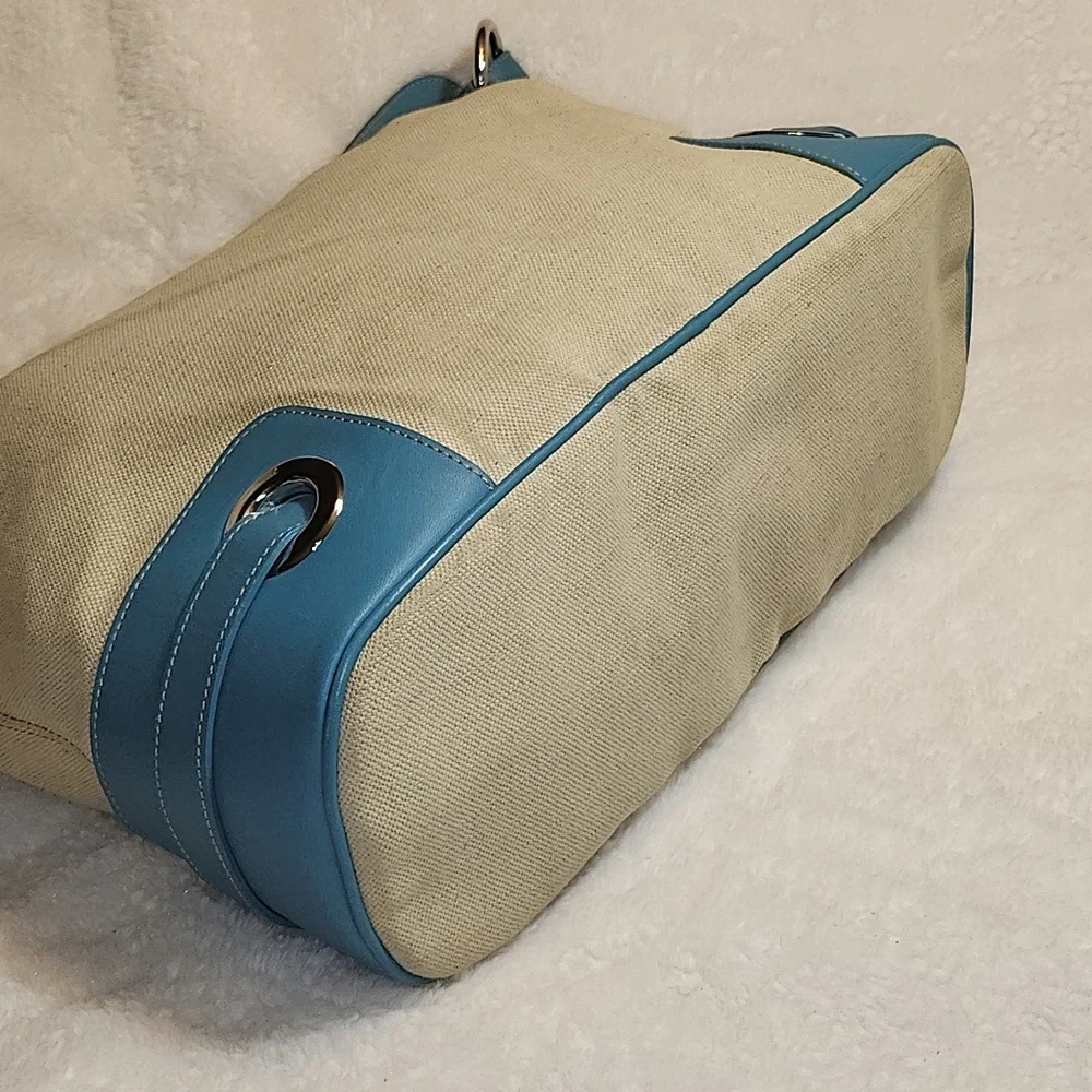 Bally Blue and Cream Canvas/ Leather Hobo Shoulder Bag